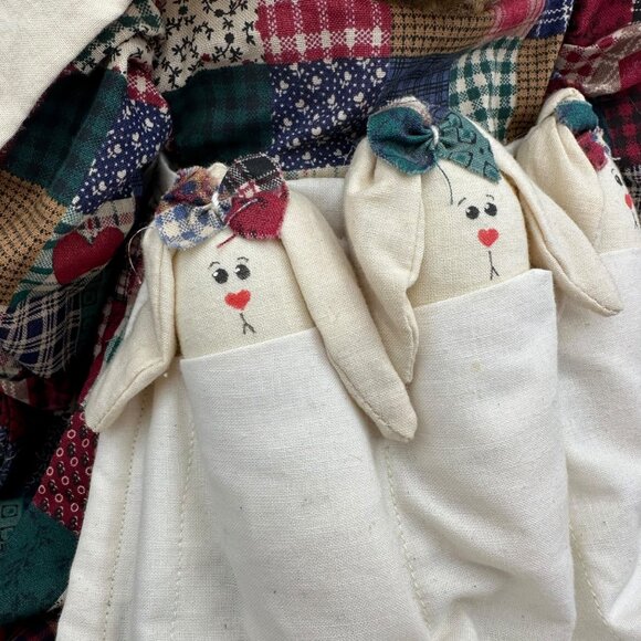 Handmade Patchwork Bunny Doll With Three Baby Bunnies In Apron 18" Plush Decor - Picture 12 of 13